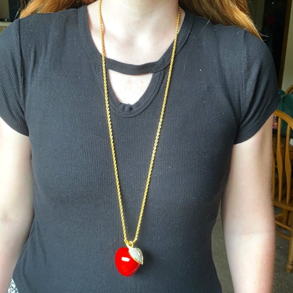 Vintage KJL Kenneth Jay Lane RED Apple necklace AND matching clip earrings
